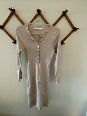 Astr Light Beige Henley Ribbed Long Sleeve Dress